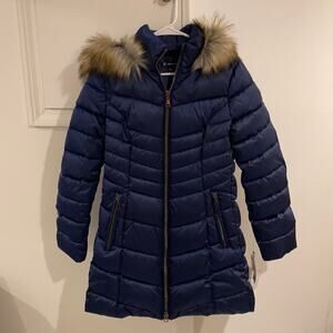 NWT INC International Concepts Faux-Fur Trim Hooded Puffer Co Royal blue S